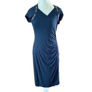 Carmen Marc Valvo Dress Womens M Blue Faux Wrap Grommet Ruched Midi Cap Sleeve